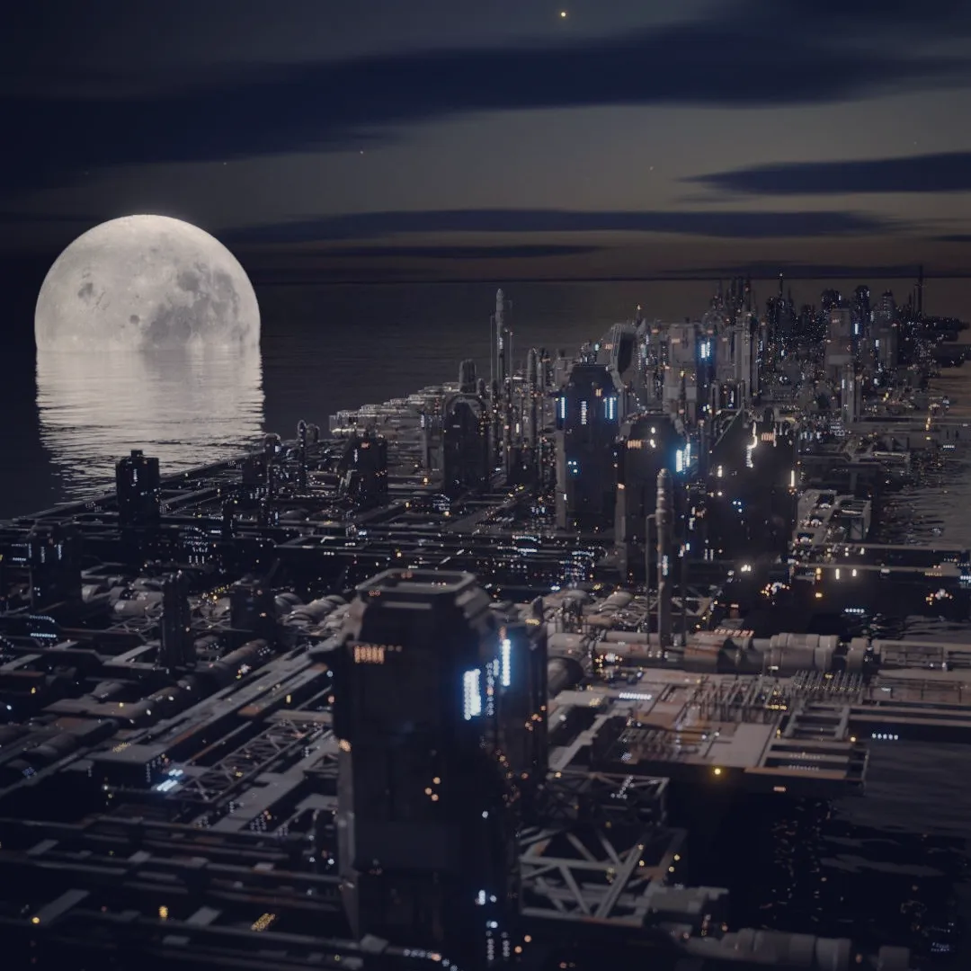Moonrise Metropolis, a cinematic Afrofuturist coastal megacity glowing under a giant moon, 3D environment art by BrakoVerse Media, Ghana